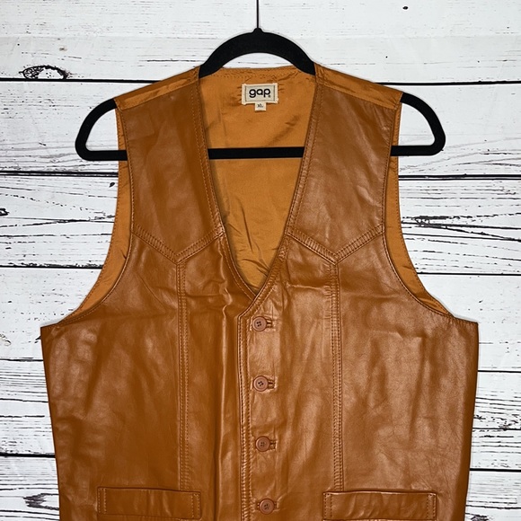 VTG 1970s Gap Size XL Caramel Brown Cowhide Nappa Button Front Vest Jacket - Picture 2 of 6